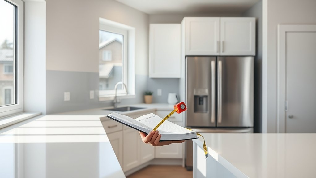 Tape measure and kitchen sketch showing precise room measurements for layout planning