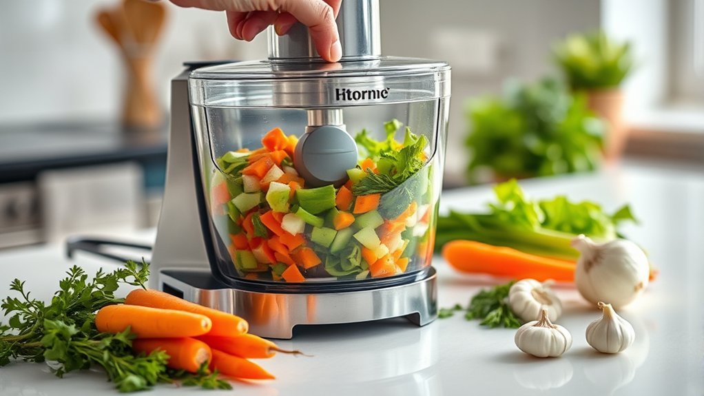 food processor with interchangeable blades for chopping, slicing, shredding, and pureeing