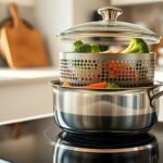 steaming food with saucepan