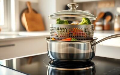 steaming food with saucepan