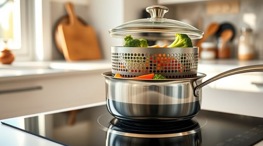 steaming food with saucepan