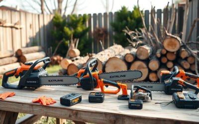 Cordless chainsaws of different sizes displayed on a backyard workbench with logs and safety gloves