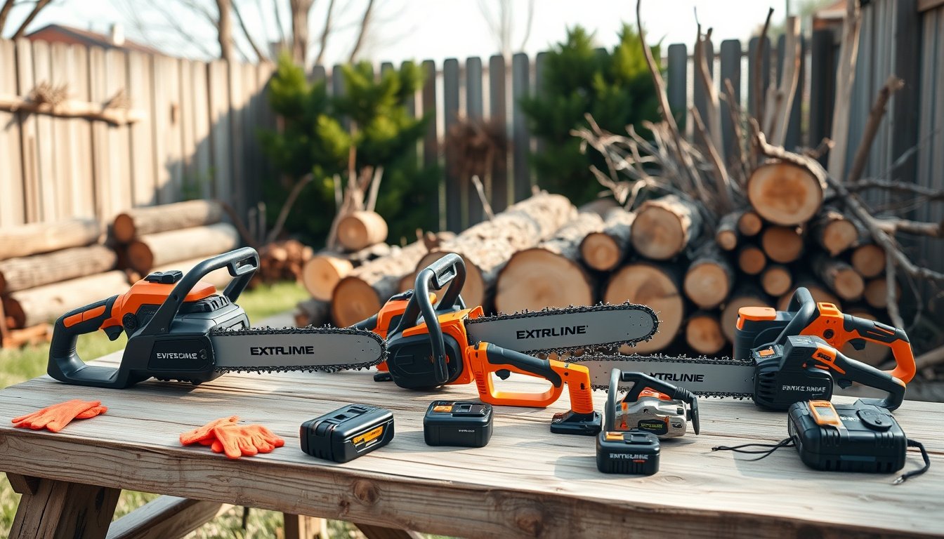 Cordless chainsaws of different sizes displayed on a backyard workbench with logs and safety gloves
