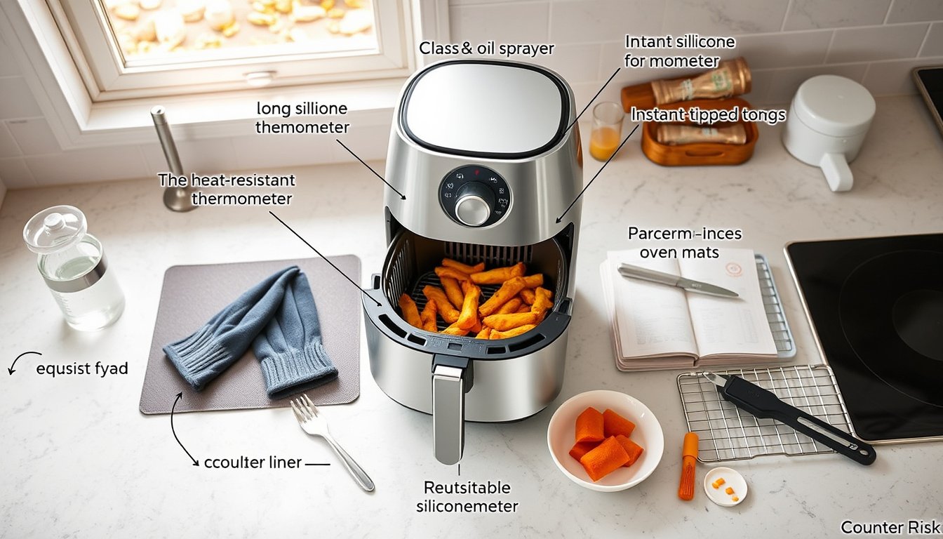 Air fryer with cooking accessories arranged on a clean kitchen countertop