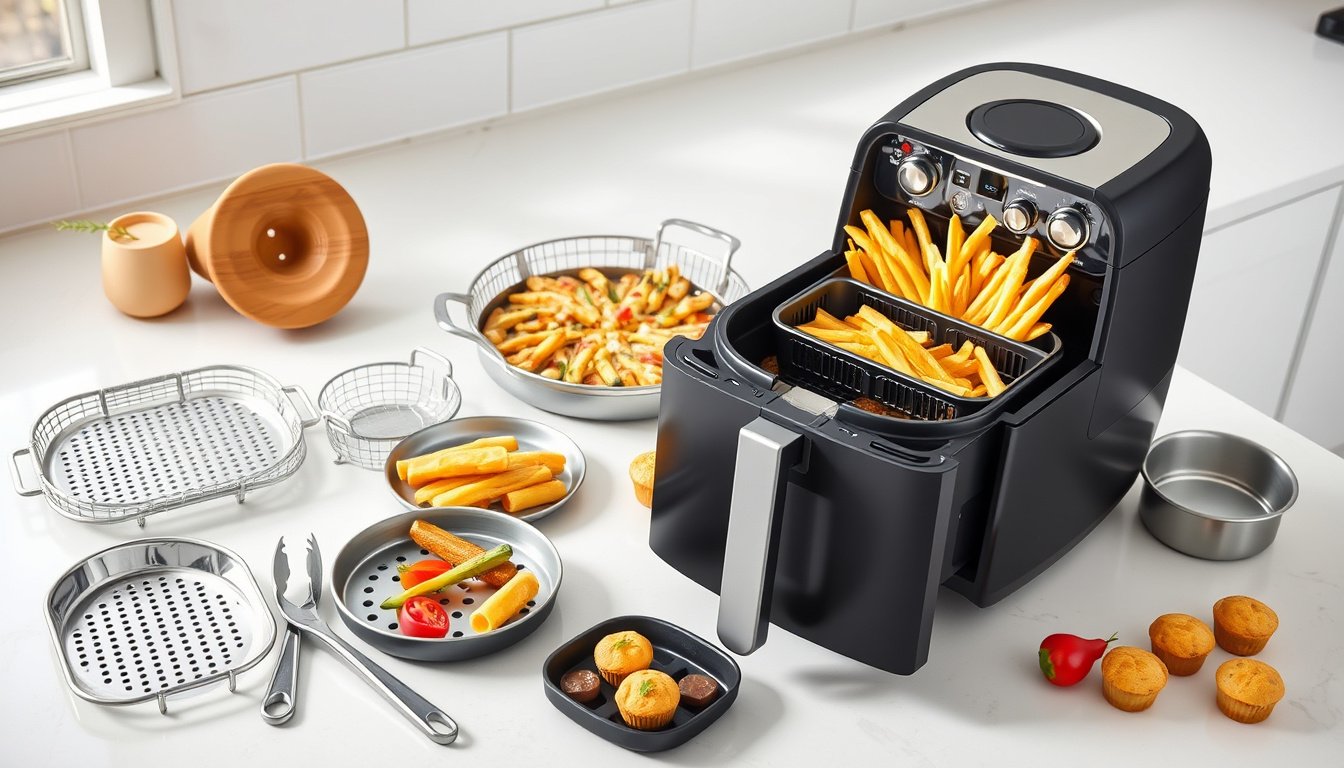 Air fryer accessory kit with racks, pans, fries, vegetables, and muffins on a kitchen countertop