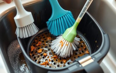 Two nylon brushes clean a greasy air fryer basket at a kitchen sink.