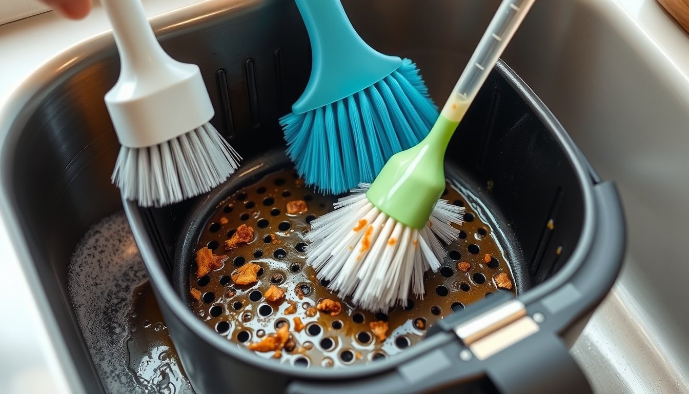 Two nylon brushes clean a greasy air fryer basket at a kitchen sink.