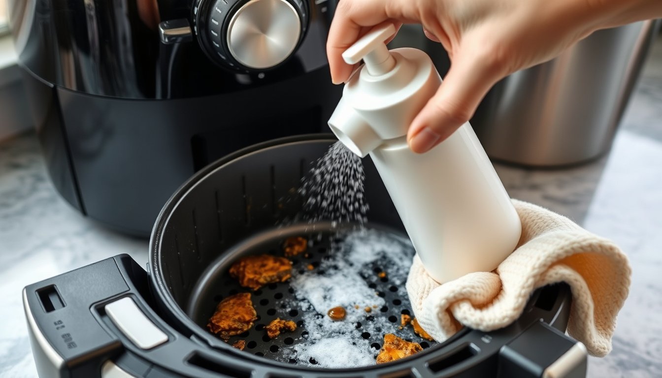 Foamy cleaning spray being applied to a greasy air fryer basket on a kitchen counter