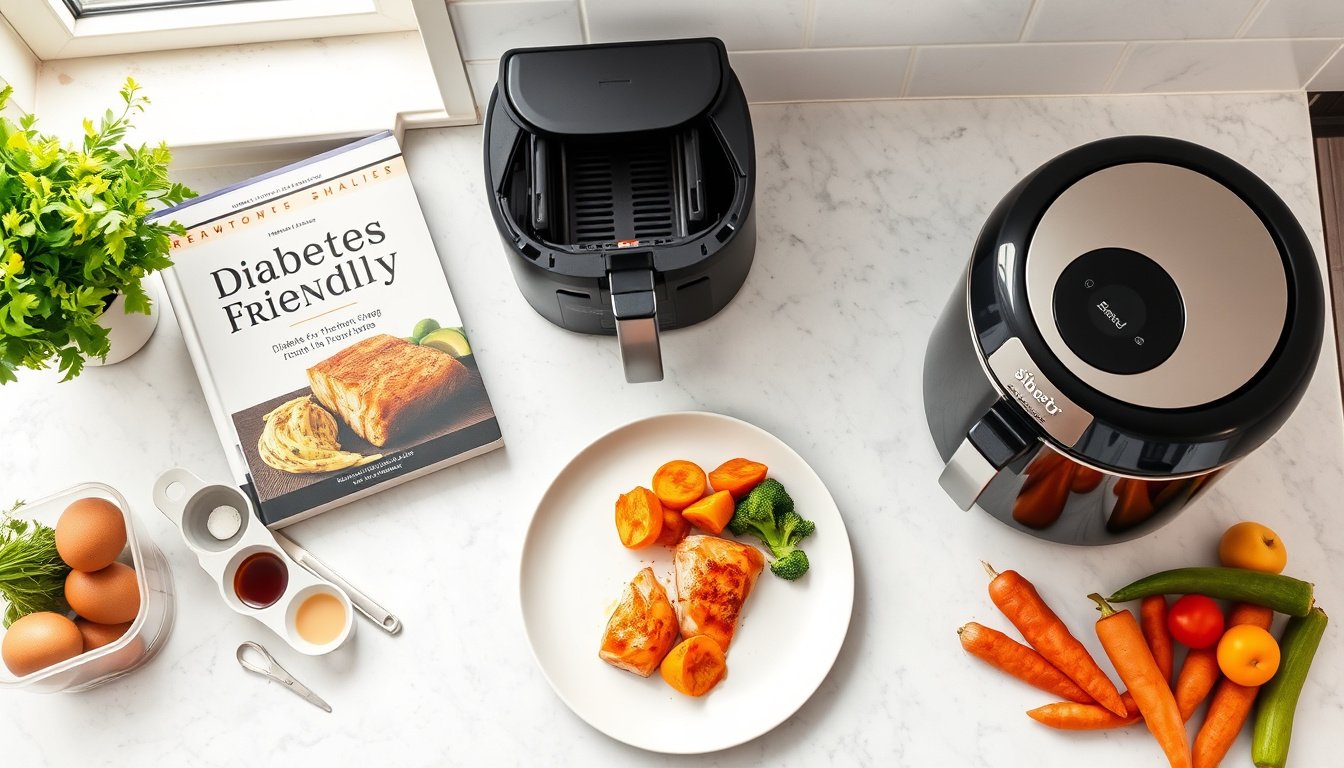 Diabetes-friendly air fryer meal with cookbooks and portion tools on a kitchen counter