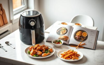 Air fryer with two plated meals and open cookbooks in a bright kitchen