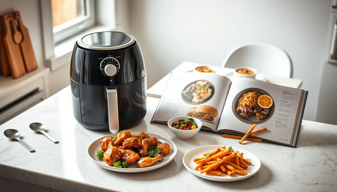 Air fryer with two plated meals and open cookbooks in a bright kitchen