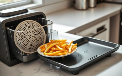 Air fryer basket with removable crisper plates and crispy food on a kitchen counter
