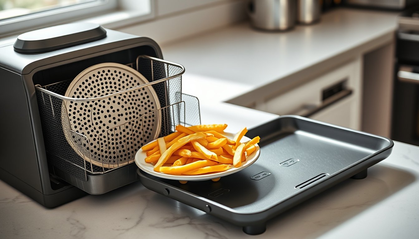 Air fryer basket with removable crisper plates and crispy food on a kitchen counter