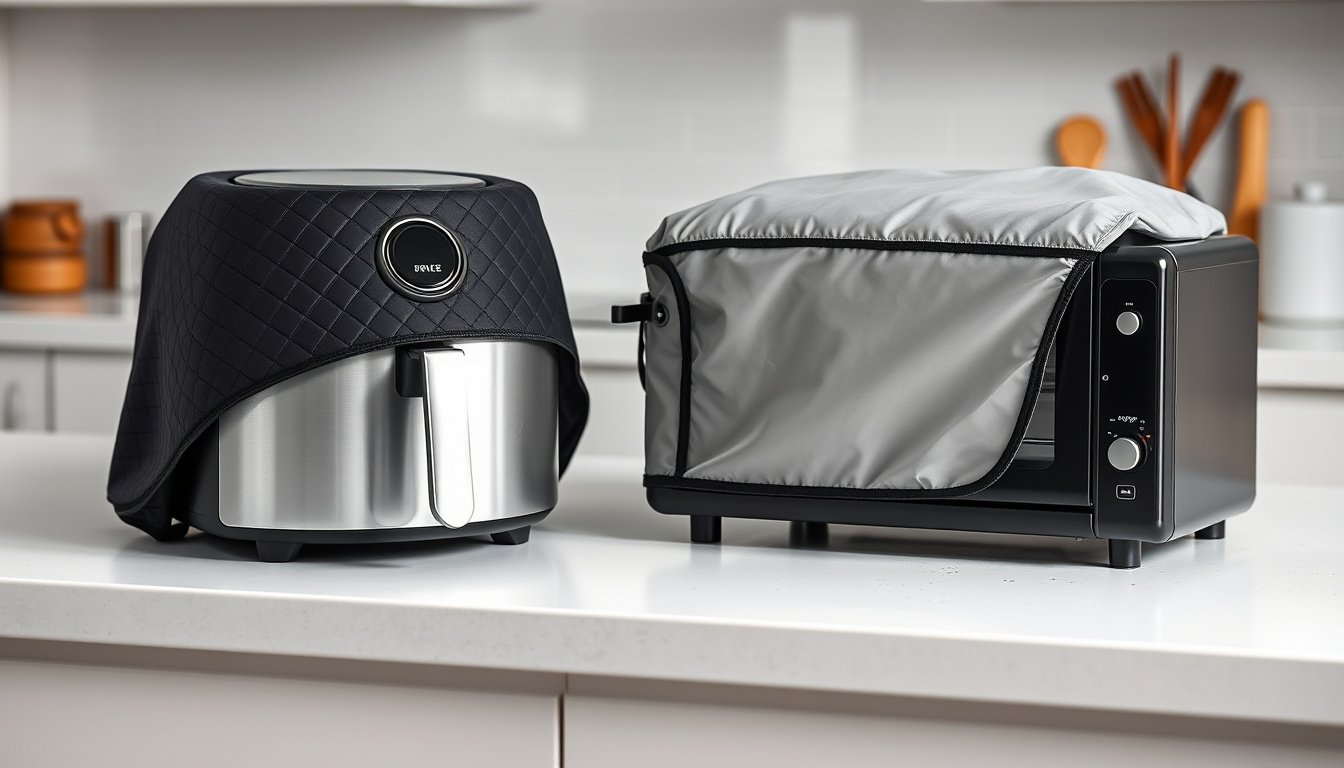 Air fryer and toaster oven protected by fitted dust covers on a clean kitchen counter