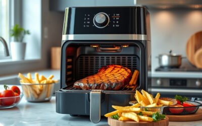 Air fryer grill combo cooking steak with grill marks and crispy fries on a kitchen counter