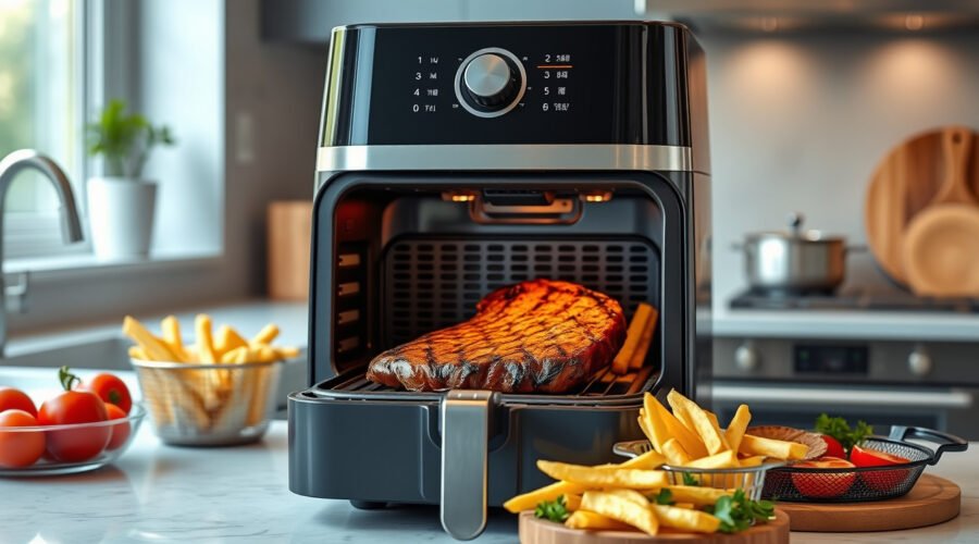 Air fryer grill combo cooking steak with grill marks and crispy fries on a kitchen counter