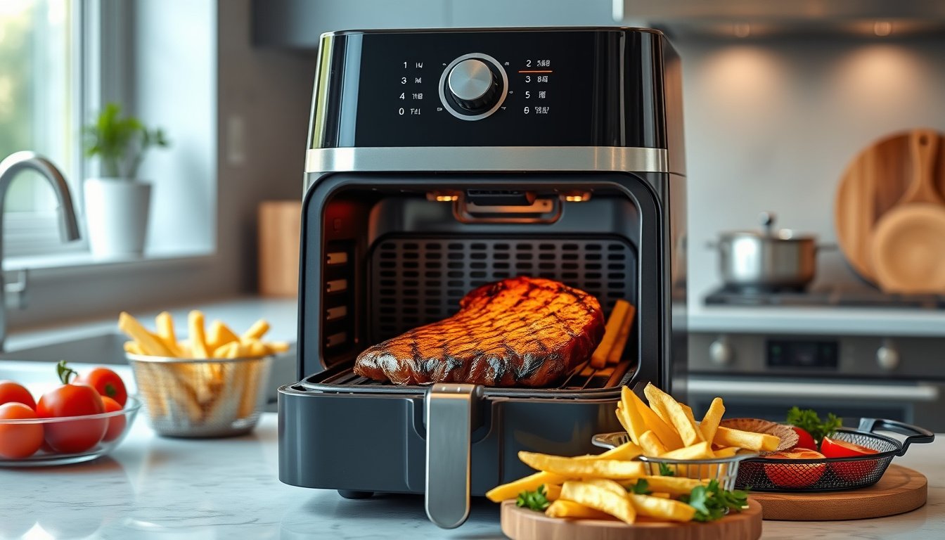 Air fryer grill combo cooking steak with grill marks and crispy fries on a kitchen counter