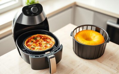 Air fryer basket with mini pizza pan and deeper cake barrel on a kitchen counter