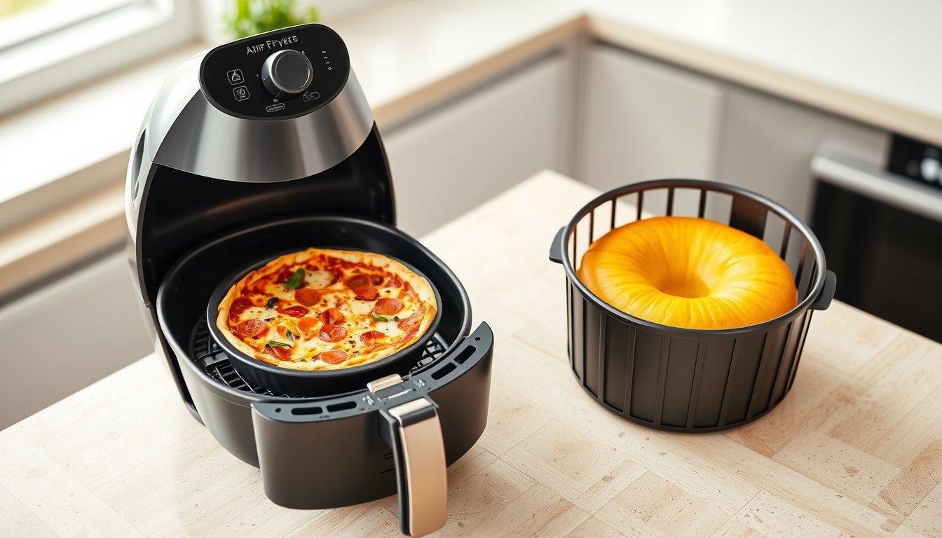 Air fryer basket with mini pizza pan and deeper cake barrel on a kitchen counter