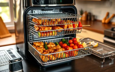 Air fryer basket with stacked stainless racks cooking chicken, vegetables, and kebab skewers