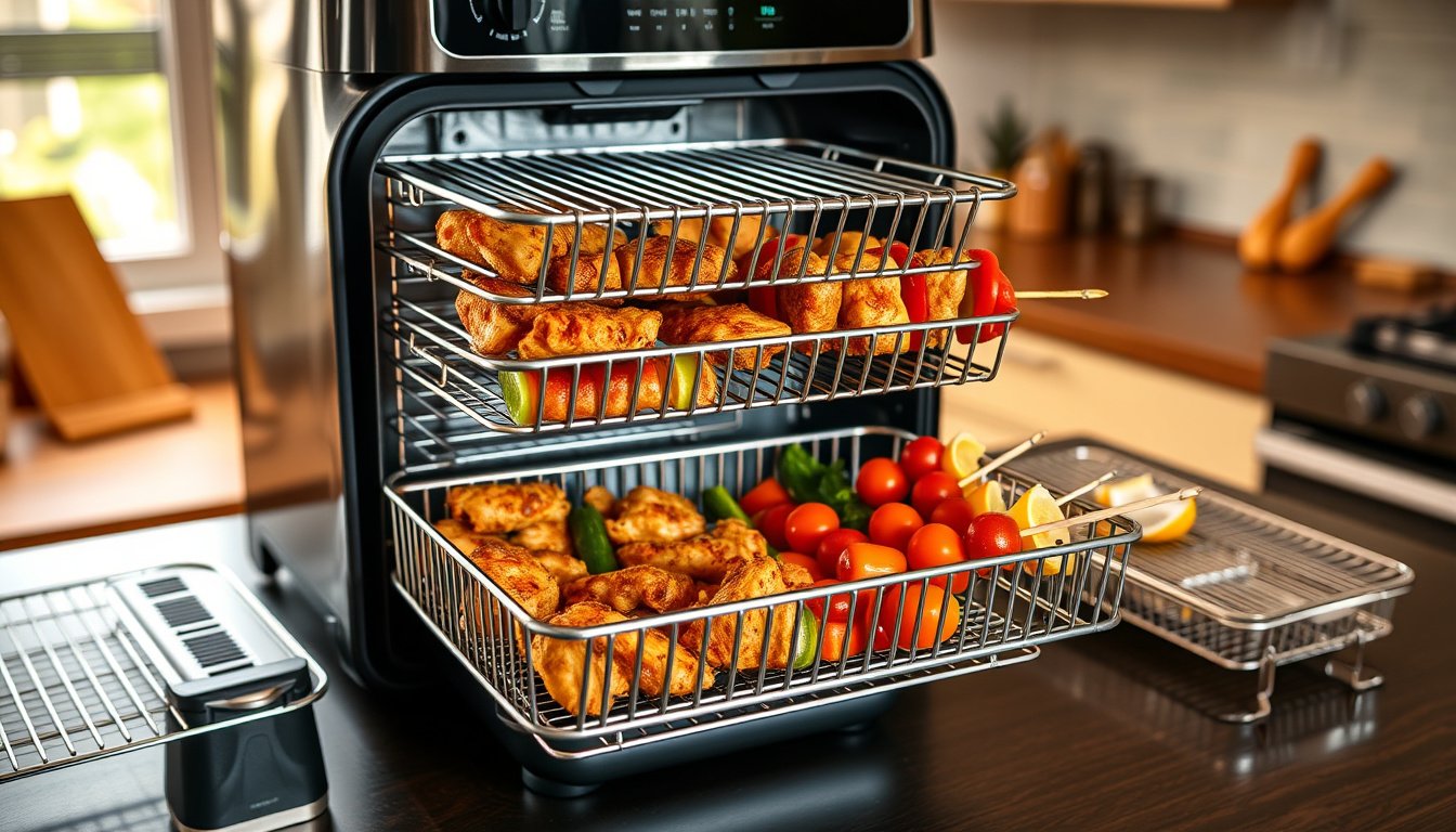 Air fryer basket with stacked stainless racks cooking chicken, vegetables, and kebab skewers