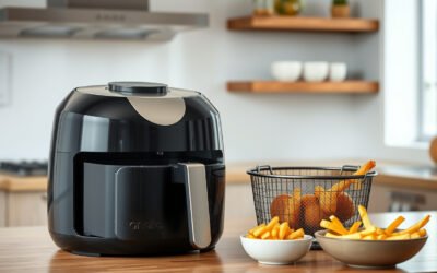 Replacement air fryer basket beside an open air fryer on a kitchen counter