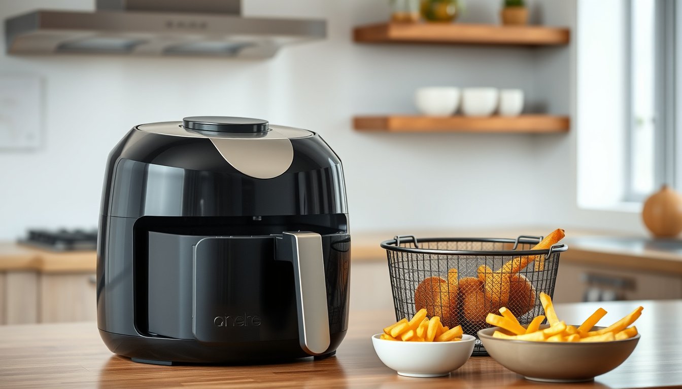 Replacement air fryer basket beside an open air fryer on a kitchen counter