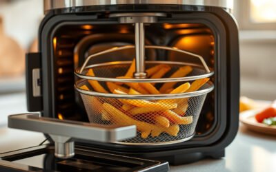 Stainless steel air fryer rotisserie basket filled with fries and vegetables