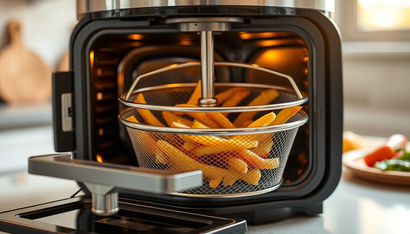 Stainless steel air fryer rotisserie basket filled with fries and vegetables