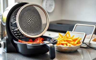 Air fryer basket with splatter screens protecting food from grease mess