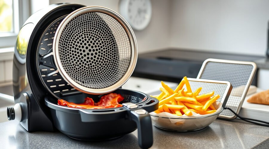 Air fryer basket with splatter screens protecting food from grease mess