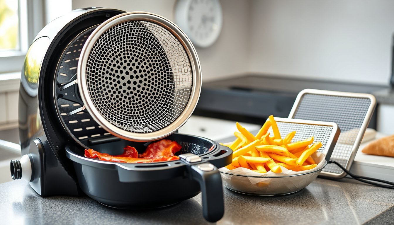 Air fryer basket with splatter screens protecting food from grease mess