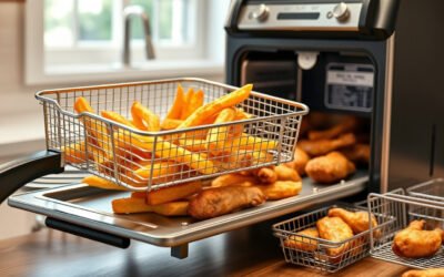 Air fryer toaster oven basket with crispy fries, vegetables, and wings in a modern kitchen