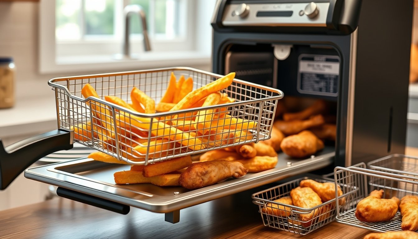 Air fryer toaster oven basket with crispy fries, vegetables, and wings in a modern kitchen