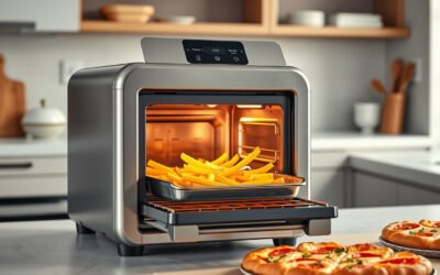 Air fryer toaster oven on a kitchen counter with crispy fries, toast, vegetables, and pizza.