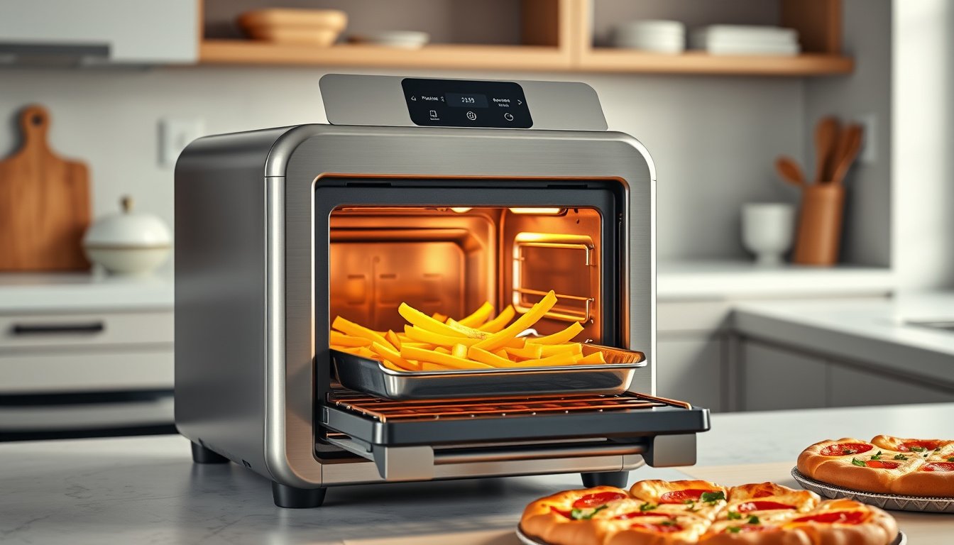 Air fryer toaster oven on a kitchen counter with crispy fries, toast, vegetables, and pizza.