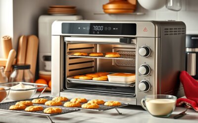 Stainless steel air fryer oven baking cookies and a casserole on a bright kitchen countertop