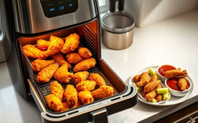 Air fryer cooking crispy chicken wings on a modern kitchen counter