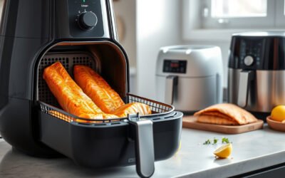 Air fryer cooking crisp fish fillets with a probe on a modern kitchen counter