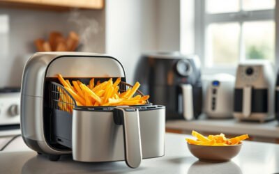 Modern air fryer with a basket of crispy golden French fries on a kitchen counter