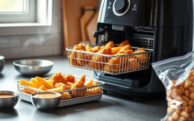 Air fryer with crispy frozen fries, wings, and snacks on a kitchen counter
