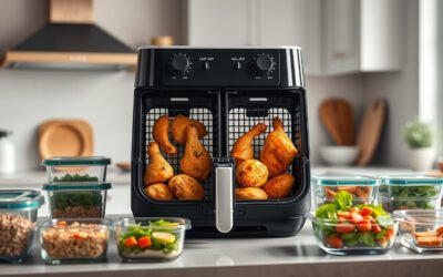 Dual-basket air fryer on a kitchen counter with meal prep containers of chicken and vegetables