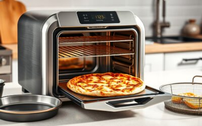 Countertop air fryer oven cooking a crisp pizza on a pizza stone in a modern kitchen