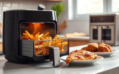 Air fryer reheating pizza, fries, and breaded leftovers to a crisp texture on a kitchen counter