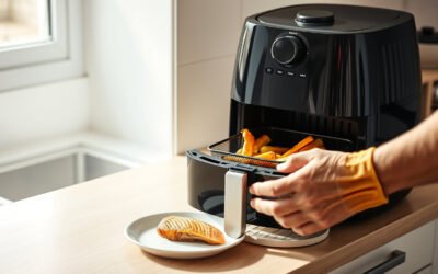 Compact air fryer on a small kitchen counter with a senior’s hands preparing a healthy meal