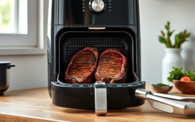 Modern air fryer cooking seared steaks on a clean kitchen countertop