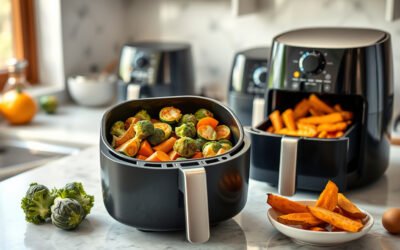 Modern air fryer basket filled with crisp roasted vegetables on a kitchen counter
