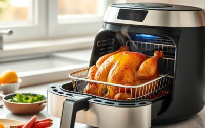 Large air fryer roasting a whole chicken with crisp golden skin on a bright kitchen counter