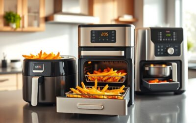 Comparación de freidoras de aire modernas con papas y verduras crujientes en una cocina