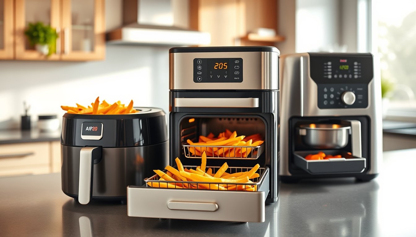 Comparación de freidoras de aire modernas con papas y verduras crujientes en una cocina